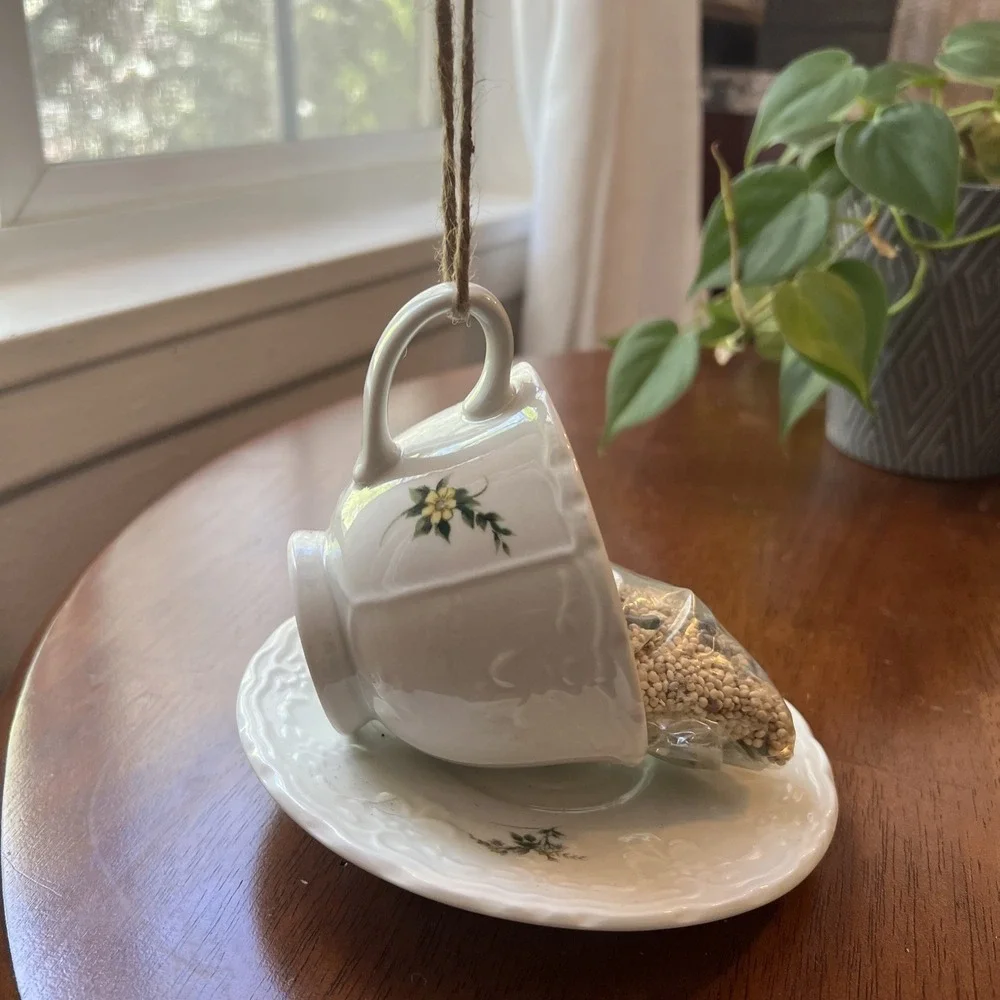 Beverly Rose China Cup & Saucer Glued Hanging Handcrafted Bird Feeder